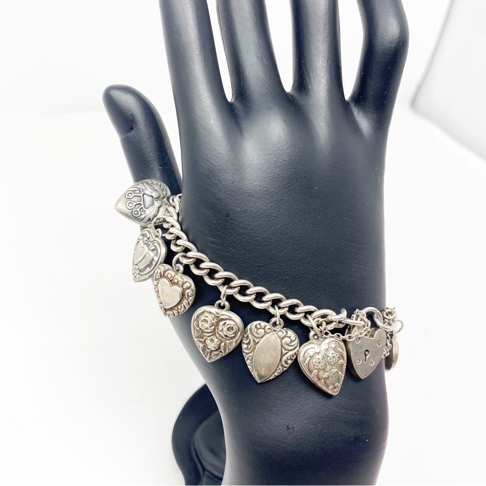 705 Vintage Heart Sterling Silver Charm Bracelet With 14 Charms
